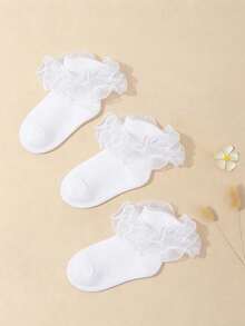3 Pairs Girls' Sweet Cute Solid Ruffled Trim White Ankle Socks - White - View 8