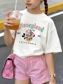 Summer Tops,Disneyland   Print Graphic Tee, Perfect For Cute Girls. Teen Girl Gift,Comfortable And Breathable Children's Short-Sleeved T-Shirt. 180g Pure Cotton Children's Clothes,Suitable For Both Boys And Girls.Suitable For Daily Wear, Vacations, Outdoor Activities, And As A Children's Gift. - 白色 - 查看 2