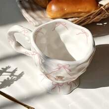 1pc Pink Butterfly & Teddy Bear Ceramic Coffee Mug, Asymmetrical Shaped Teacup, Suitable For Living Room, Cafe, Office, Restaurant - Multicolor - View 2