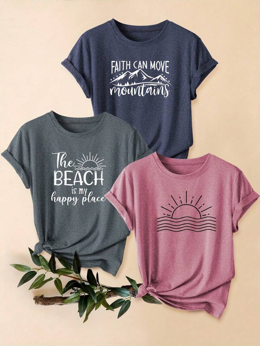 A Set Of Three Outdoor-Themed Graphic Tees For Women, Featuring A Stylish Vintage Design Suitable For Spring, Summer. Available In Multiple Colors And Sizes S-XXL - Hồng đỏ + xanh hải quân + xám đậm - Xem 1