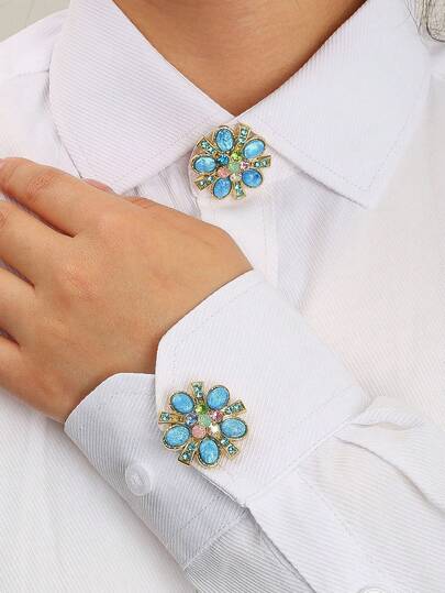 Maillard Style Flower Button Cover Shirt Button 2-Piece Set, Vintage Crystal Flower Collar Clip, Clothing Decoration Button Cover, No Sewing Clip Design, Men's And Women's Suit Accessories, Special Gifts