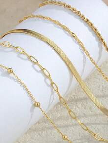 5pcs Set Of European And American Metal Layered Chain Bracelets - Knotted, Ribbed, Twisted, Gold Beaded, Snake Bone Chain, Minimalist Multi-Layer Chain Accessories - Yellow Gold - View 3