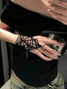 黑色哥特式手链，饰以蜘蛛网图案、复古黑粉花朵设计、天鹅绒材质，朋克风，吸血鬼、蜘蛛、洛丽塔、角色扮演、派对、女士手链，精致哥特朋克风布艺手链，饰以华丽的蜘蛛网图案和花朵细节，营造迷人复古外观。 - 彩色 - 查看 3