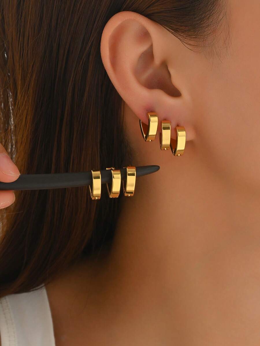 6件套复古不锈钢V形素面耳环，适合日常佩戴 - 多色 - 查看 1