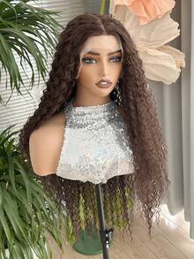 13*4*1 Inch Deep Brown Long Curly Lace Front Wig, Glueless Lace Curly Wig, Pre-Plucked, Deep Wave Lace Front Wig, Afro Kinky Curly Synthetic Lace Wig, 34 Inches - Brown - View 2