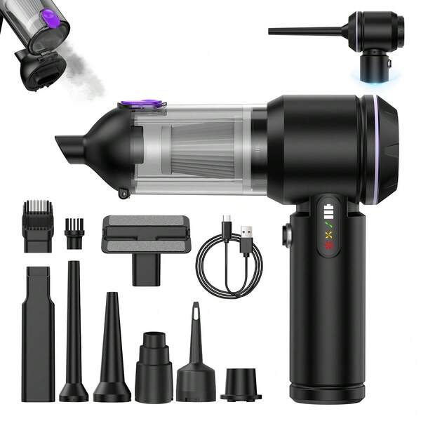 4-In-1 Wireless Portable Vacuum Cleaner With Blowing, Vacuuming, Charging Functions. Equipped With 17000PA High-Power Mini Vacuum Cleaner And Brushless Motor, LED Digital Display, Suitable For Car, Home, Office And Outdoor Camping