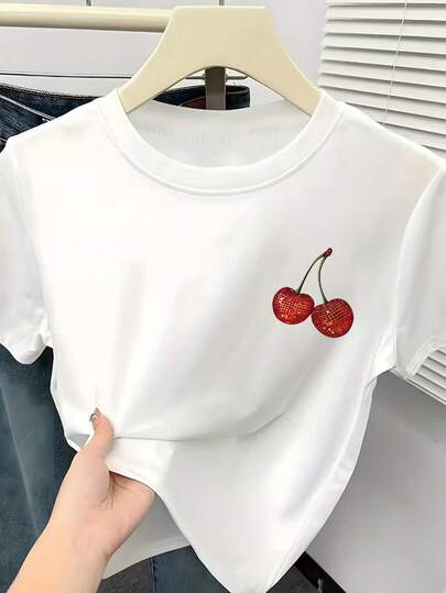 Women's Short Sleeve Round Neck Polyester T-Shirt, Unique Printed Pattern, Casual Short Top, Polyester Material, Suitable For Summer, Casual Office And Daily Wear