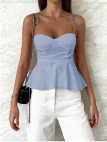 1 Piece Women's Casual Top With Ruffled Hem, Elegant Pure White Minimalist French Tank Top, Fitted Cropped Camisole, Lightweight For Vacation And Work, Front Tied Strap, Sexy Babydoll Silhouette, Spring/Summer/Autumn - 淺藍色 - 查看 4
