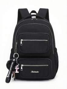 Casual Nylon Backpack With Large Capacity And Cute Charm For School - Black - View 1