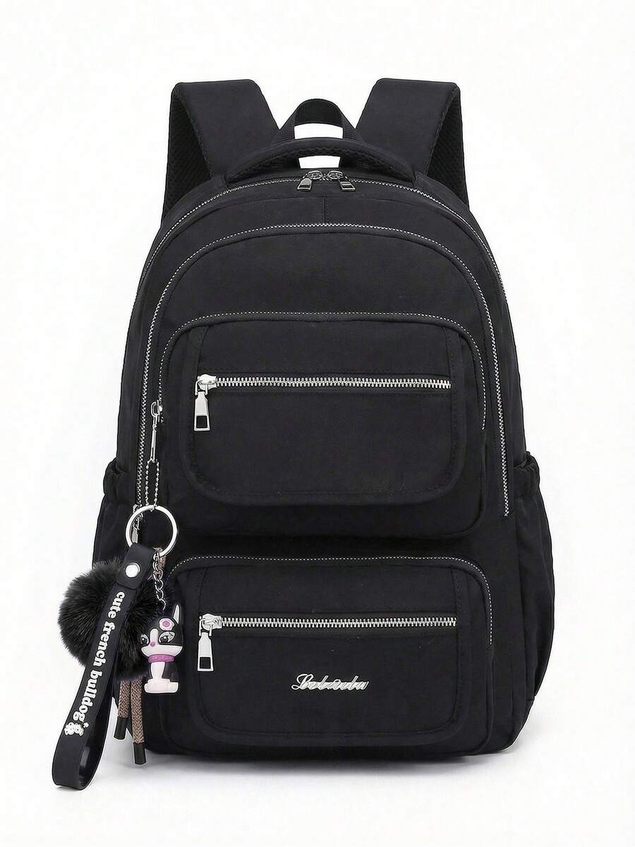 Casual Nylon Backpack With Large Capacity And Cute Charm For School - Black - View 1