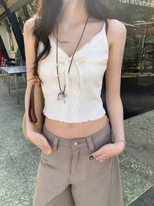 Casual Versatile Korean Style V-Neck Lace Trim Women Tank Tops Summer - Apricot - View 8