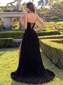 ADYCE 女士优雅水钻装饰镂空深V领开衩露背系带连衣裙，派对/晚礼服，正式场合，适合婚礼宾客、晚宴、舞会和各种活动，阿拉伯风格晚礼服，迪拜奢华晚礼服，春季黑色 - 黑色 - 查看 2