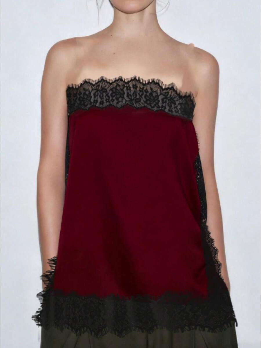 Women Off Shoulder Lace Satin Tube Tops For Summer - 酒紅色 - 查看 1