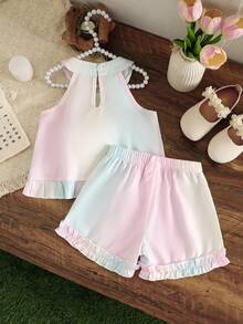 Young Girl Ombre Two Pieces Set, 3D Tulip Applique Halter Top With Ruffled Shorts Summer Casual Wear - Multicolor - View 3