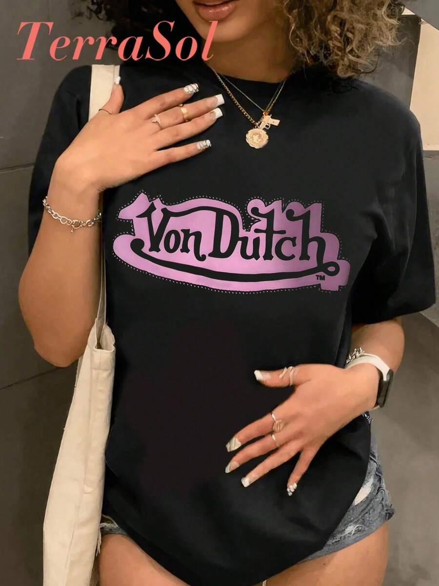 DUTCH Women's Casual Pure Cotton T-Shirt For Easter And St. Patrick's Day, Featuring A Simple And Cute Graphic Print, Round Neck, Short Sleeves, Summer Street Style, And A Surprise Gift For Family And Friends. - 黑色 - 查看 1