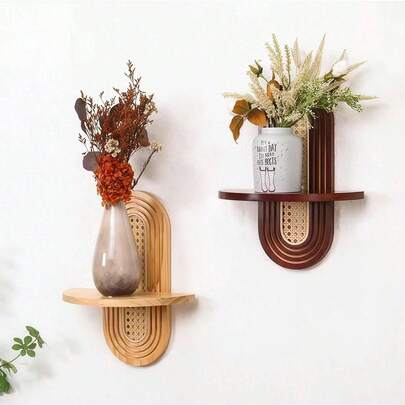 1件装壁挂式藤编置物架，拱形藤编悬浮置物架，波西米亚乡村风木质壁挂式置物架，波西米亚风悬挂式置物架，小型植物照片展示架，适用于客厅、卧室、浴室展示