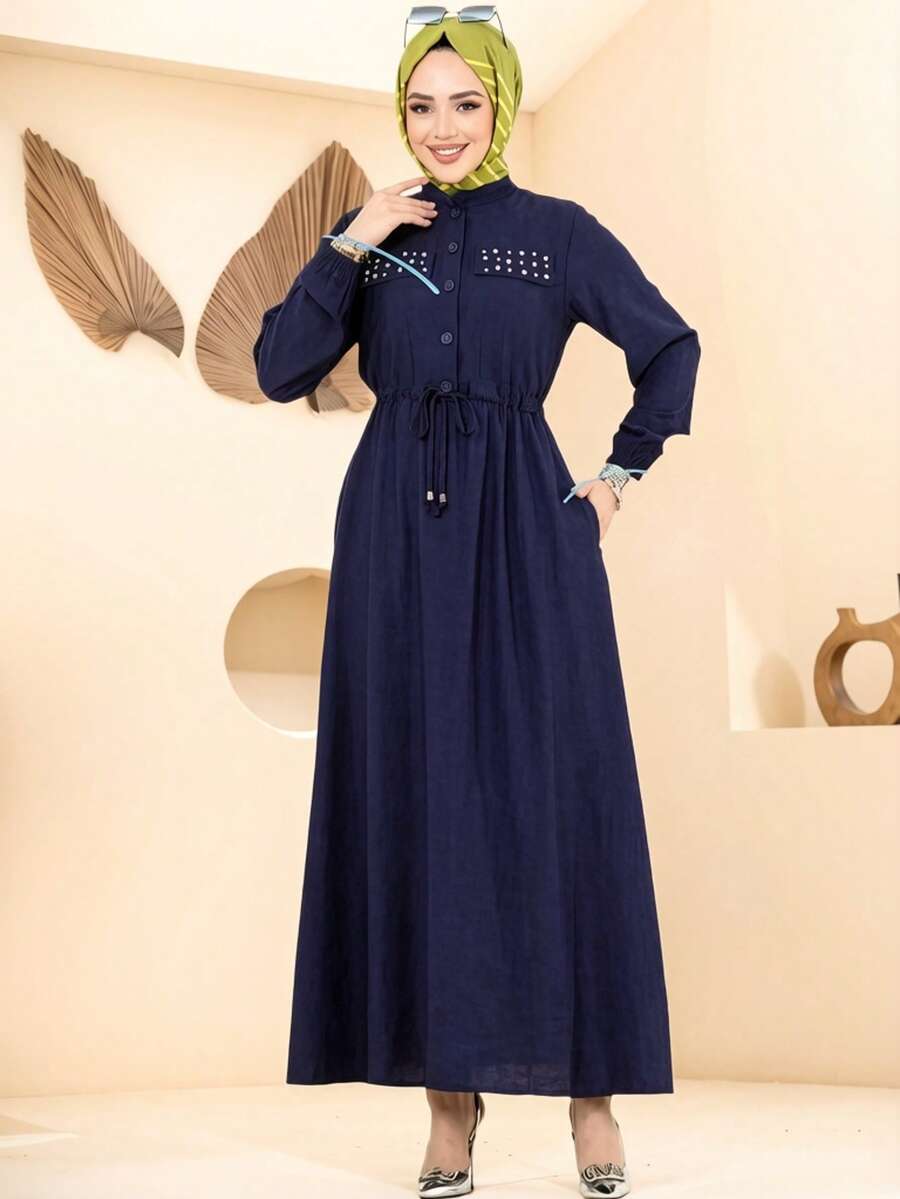 Modest Navy Blue Studded Abaya With Drawstring Waist | Ramadan Casual Islamic Outfit Spring