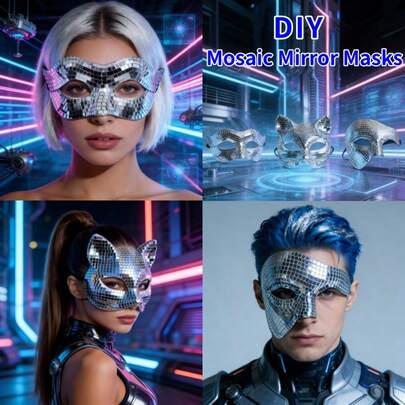 DIY Mirror Mosaic Mask Set | Essential For Parties, Halloween, Masquerade Balls | Cyberpunk Style | Disco Glittering Reflective Design | Cross-Border Best Seller