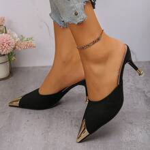 女士尖头穆勒拖鞋，中跟，低鞋面，无后跟，优雅法式金属头凉鞋，夏季必备 - 黑色 - 查看 4