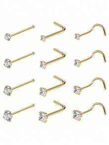 4pcs 1.5/2/2.5/3mm Shiny Cubic Zirconia Nose Piercing Jewelry, I/L/S Shape Nose Bone & Ear Piercing Accessories - Nose Stud Set - View 9
