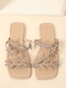2025 Bling-Bling Glitter Cute H-Style Open Toe Breathable Shoes, Hollow-Out Full Of Double-Color Rhinestone Inlaid Starry Sky Versatile Elegant Luxury Wedding Party Event High-End Fashion Sexy Minimalist Style Suitable For Home Casual Slippers, Outdoor Walking Beach Vacation Romantic Date Women Flat Sandals,Summer Outfits - Apricot - View 6