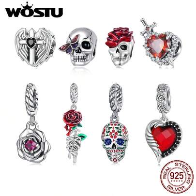 WOSTU 1pc 925 Sterling Silver Halloween Dark Series Jewelry Skull Rose Bead Pendant, Suitable For DIY Bracelet And Bangle, Exquisite Jewelry