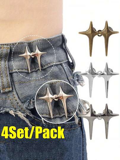 4 Pairs / Sets Adjustable Belt Buckle Cross-Starry Denim Pants Button Pin Removable Metal Buttons Waist Tightener Fashion Accessories, To Fix The Clothes. Cross-Starry Waist Tightening Button Pin, Novel No-Dye Design, Versatile, Can Cinch The Waist With A Gentle Tug, Suitable For Most Pants And Skirts.