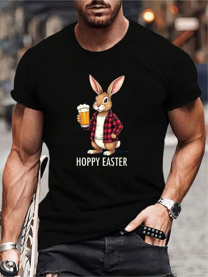 Men's Happy Easter Graphic T-Shirt - Rabbit Beer Mug & Checkered Shirt Design, 100% Cotton Lightweight 150gsm, Casual Short Sleeve Round Neck Tee For Summer, Machine Washable