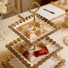 Vintage 3-Tier Square Cupcake Stand With Gold Floral Embossed Trim, Elegant Ceramic Dessert Display Tower For Wedding, Tea Party & Bridal Shower, Luxury Aesthetic Tableware, Perfect Gift For Bakers & Hostess - Multicolor - View 5