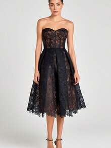 Women's New Strapless Lace Embroidery Sexy Bodycon Evening Dress - màu đen - Xem 2