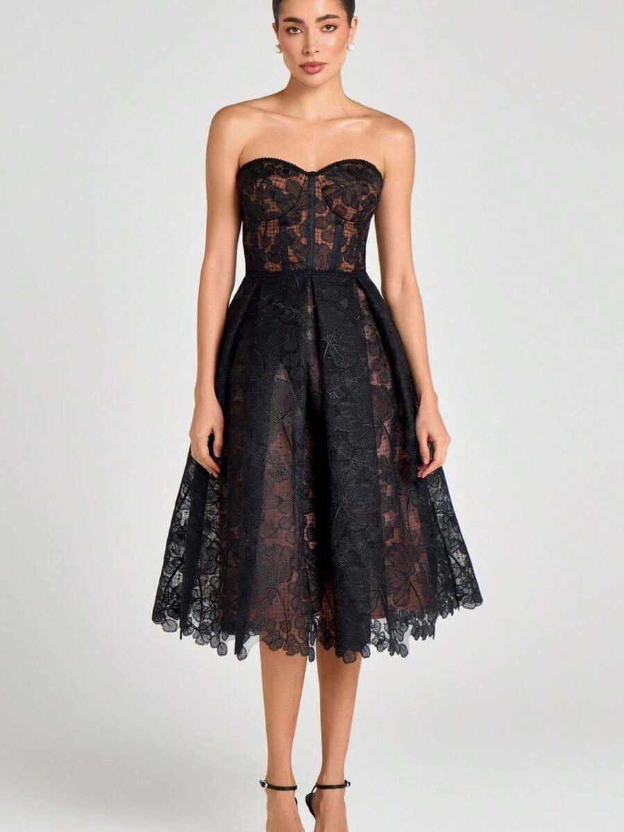 Women's New Strapless Lace Embroidery Sexy Bodycon Evening Dress - màu đen - Xem 1