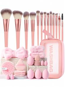 34PCS Makeup Tools Set Including:13PCS Makeup Brush Set+1pc Multi-Functional Zipper Toiletry And Cosmetic Bag Waterproof+4PCS Makeup Sponges+4PCS Mini Makeup Sponges+4PCS Triangle Powder Puffs+4PCS Mini Air Cushion Powder Puffs+1pc Hairband+2PCS Hand Bowl Strap+1pc Facial Cleansing Sponges - Pink - View 12