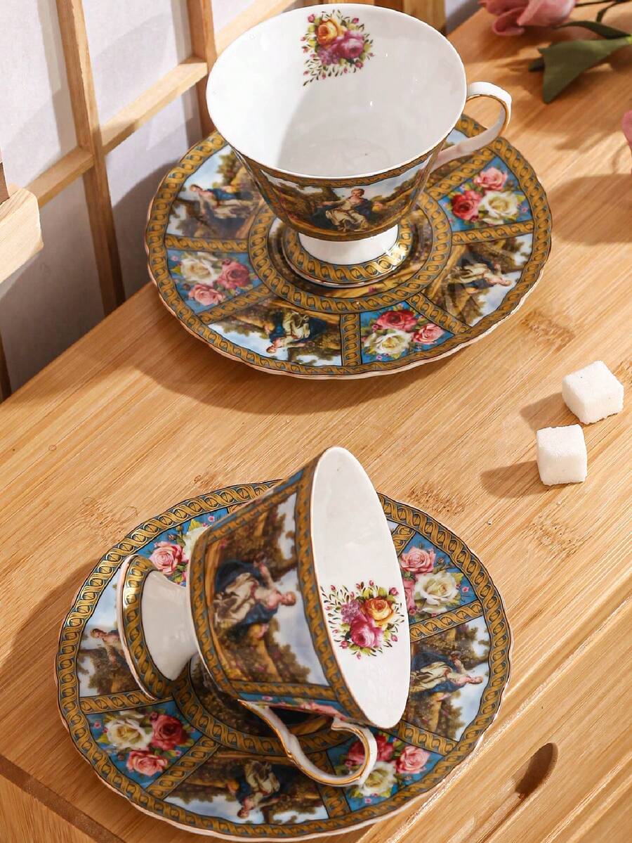 2pcs (1 Cup 1 Saucer) Ceramic Coffee Cup And Saucer Set, Suitable For Tea, Coffee, Milk, Juice, Weddings, Parties, Gifts, Birthdays - Multicolor - View 1