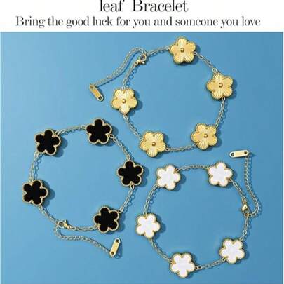 3pcs 18K Gold-Tone Clover Adjustable Bracelet Set, Cute Floral Design, Suitable As Jewelry Gift For Christmas, Birthday Or Holiday