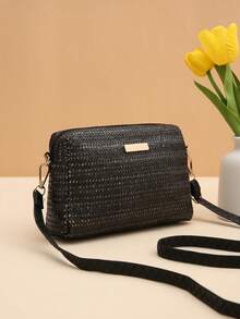 夏季草编斜挎包，女士沙滩单肩包，配有可拆卸肩带、拉链封口、小巧百搭设计、休闲外出手提包、尼龙内衬、女士钱包 - 黑色 - 查看 8