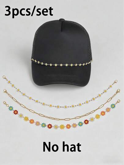 3pcs Colorful Flower Shaped Hat Chain, Gold Hollow Chain Hat Strap, Unisex Detachable Metal Chain, Suitable For DIY Mesh Baseball Cap (Cap Not Included)