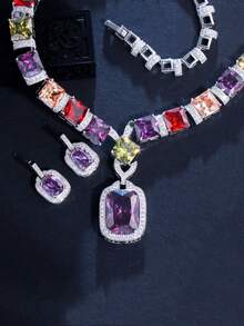 1 Set Gorgeous Big Rainbow Colorful Square Cubic Zirconia Dangle Pendant Necklace And Earrings, Wedding Silver Plated CZ Jewelry Set For Bridal Engagement Banquet Party, Gift For Women, Ladies, Girlfriends, Wife, Mother - Multicolor - View 10