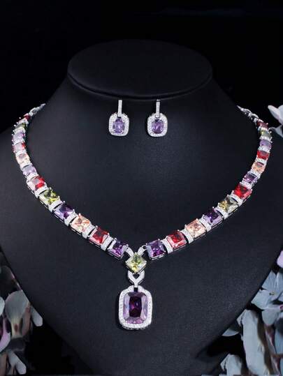 1 Set Gorgeous Big Rainbow Colorful Square Cubic Zirconia Dangle Pendant Necklace And Earrings, Wedding Silver Plated CZ Jewelry Set For Bridal Engagement Banquet Party, Gift For Women, Ladies, Girlfriends, Wife, Mother