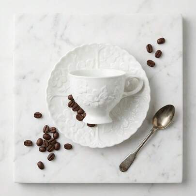 一套欧式和中东风格花卉浮雕咖啡杯碟，可作牛奶杯、浓缩咖啡杯，优雅大容量，耐热耐冷，适合居家、客厅使用，也可作礼品，是制作拿铁、早餐牛奶的理想之选，也是馈赠亲友的完美礼物。