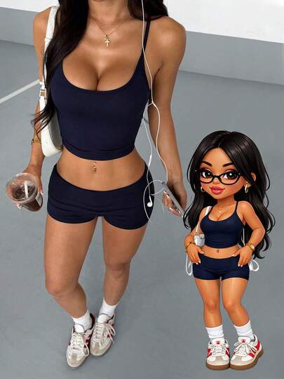 AITYI Studio Women's Camisole Set, Well-Fitted Casual Fashionable Sexy Cute Slim Fit Minimalist Outdoor, Suitable For Graduation, Back To School, Christmas, New Year, Thanksgiving, Camisole Crop Top And Ruched Shorts Knit 2-Piece Set