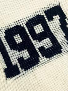 Letter Print Knit Dress, Button Front, Contrast Trim - Beige - View 6