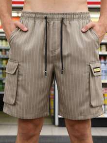 Men's Khaki Striped Cargo Shorts - Lightweight Breathable Fabric With Multi-Purpose Pockets And Drawstring Waist - Khaki - View 3