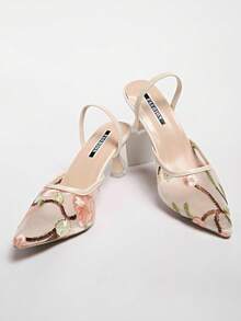 新款中国风白色高跟穆勒鞋，尖头蕾丝刺绣可转换凉鞋，女士款 - 米色 - 查看 6