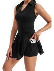 Plain Fitness Dress With Polo Collar And Built-In Shorts With Comfortable Pocket - 黑色 - 查看 9