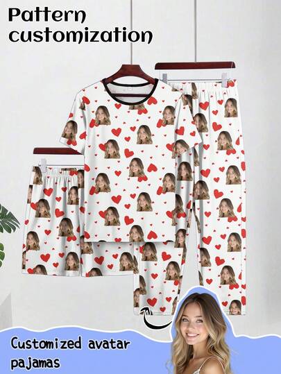 Customized Men's 3 PiecesShort Sleeve Pajama Set, Can Print Any Pattern, Personalized Pajamas With Photos, Comfortable Sleepwear With Customized Funny Images. Suitable For Occasions Like Valentine's Day, Birthday, Gifts, Personalized, Colorful, Cute, Witty, Unique, Exclusive, Ideal Boyfriend Gift, Suitable For Boyfriend, Family, Friends, Elders, Fashionable For Autumn, Party Occasions