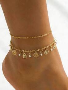 1pc Fashionable Gold-Tone Double-Layer Chain Anklet - Yellow Gold - View 1