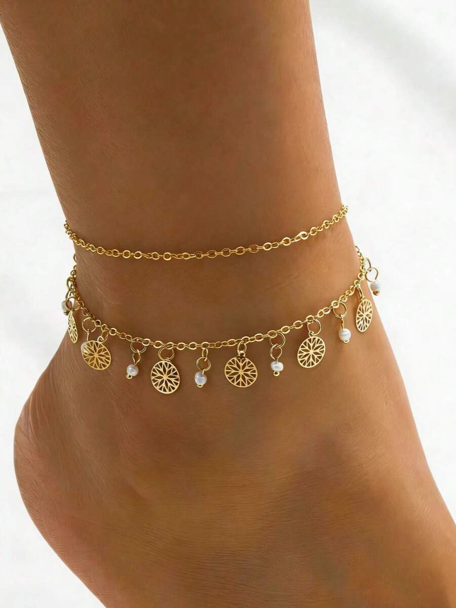 1pc Fashionable Gold-Tone Double-Layer Chain Anklet - Yellow Gold - View 1