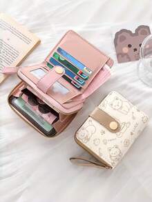 1pc Cute Bear Print Women's Wallet, Original Minimalist Japanese Style Tri-Fold Snap Closure Student Short Wallet, Women Coin Purse Clutch Bag, High-Value Compact Small Wallet, Folding Student ID Card Holder, Cute Cat Japanese Style Wallet - Pink Bear - View 7