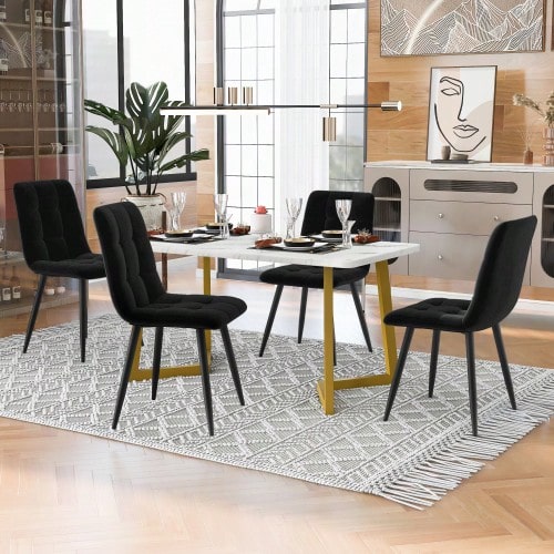 Rectangular Dining Table And Chairs Set Of 117 Cm With 4 Chairs, Modern Style, Black Velvet Chairs, Gold Table Legs. - Black - View 1