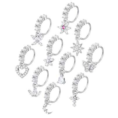 Bộ 10 khuyên mũi bằng thép không gỉ cao cấp, không gây dị ứng, trọng lượng 20g, đính đá Cubic Zirconia AAA+ và nhiều kiểu dáng charm khác nhau, thích hợp đeo hàng ngày và làm trang sức xỏ khuyên cho nữ.